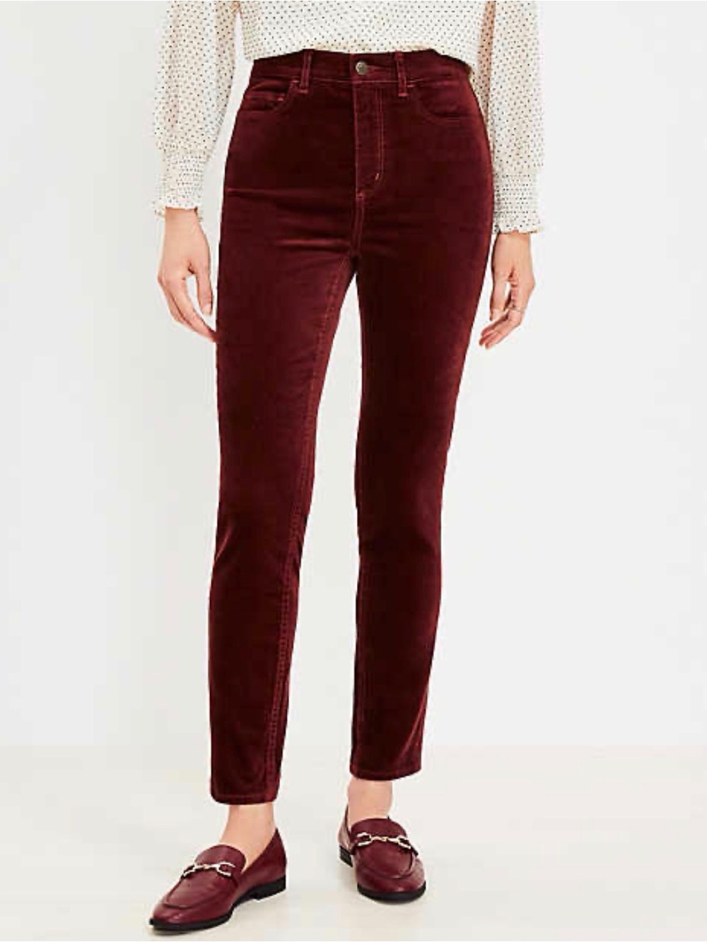 LOFT Crimson Wine Red Burgundy Velvet Skinny Pants Size 4/27 Ankle Luxe Preppy